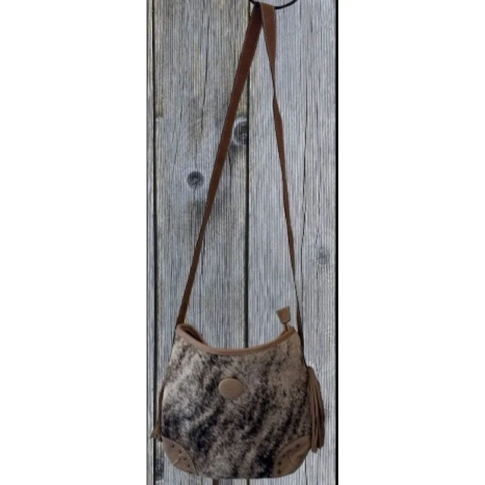 Genuine Leather Hair On Hide Cowhide Western Fringe Crossbody Purse Studded Boho